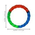 Circular dog toy with red, green, and blue segments. Shown with product dimensions