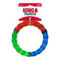 Circular dog toy with red, green, and blue segments. Shown in its retail packaging.