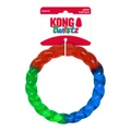Circular dog toy with red, green, and blue segments. Shown in its retail packaging.
