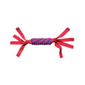 Red and blue dog toy with multiple chewable ends.