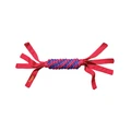 Red and blue dog toy with multiple chewable ends.