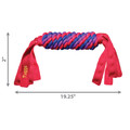 Red and blue dog toy with multiple chewable ends. Shown with product dimensions