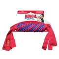Red and blue dog toy with multiple chewable ends. Shown in its retail packaging.