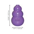 Purple natural rubber KONG Classic toy for cats. Shown with product dimensions