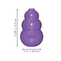 Purple natural rubber KONG Classic toy for cats. Shown with product dimensions