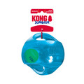 Orange ball-shaped dog toy with green accents and translucent surface. Shown in its retail packaging.