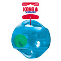 Blue ball-shaped dog toy with green accents and translucent surface. Shown in its retail packaging.