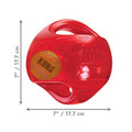 Blue ball-shaped dog toy with green accents and translucent surface. Shown with product dimensions
