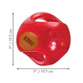 Blue ball-shaped dog toy with green accents and translucent surface. Shown with product dimensions