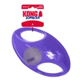 Purple football shaped dog toy with two handles. Shown in its retail packaging.