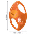 Purple football shaped dog toy with two handles. Shown with product dimensions