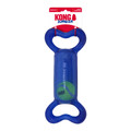 Blue bone-shaped dog toy with handles at the end. Shown in its retail packaging.