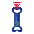 Blue bone-shaped dog toy with handles at the end. Shown in its retail packaging.