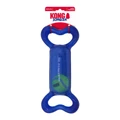 Blue bone-shaped dog toy with handles at the end. Shown in its retail packaging.