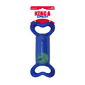 Blue bone-shaped dog toy with handles at the end. Shown in its retail packaging.