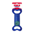 Blue bone-shaped dog toy with handles at the end. Shown in its retail packaging.