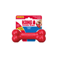 Red bone-shaped dog toy with textured ends. Shown in its retail packaging.