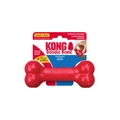 Red bone-shaped dog toy with textured ends. Shown in its retail packaging.
