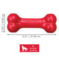 Red bone-shaped dog toy with textured ends. Shown with product dimensions