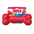 Red bone-shaped dog toy with textured ends. Shown in its retail packaging.