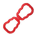 Red figure-eight tug-shaped dog toy with bumpy texture.