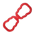 Red figure-eight tug-shaped dog toy with bumpy texture.