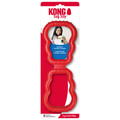 Red figure-eight tug-shaped dog toy with bumpy texture.  Shown in its retail packaging.