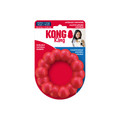 Red ring shaped dog toy with rounded texture all the way around.  Shown in its retail packaging.
