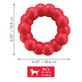 Red ring shaped dog toy with rounded texture all the way around.  Shown with product dimensions