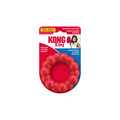 Red ring shaped dog toy with rounded texture all the way around.  Shown in its retail packaging.