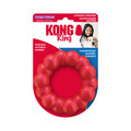 Red ring shaped dog toy with rounded texture all the way around.  Shown in its retail packaging.
