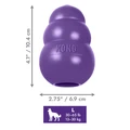 Purple bone-shaped dog toy with rope through the ends.  Shown with product dimensions