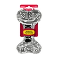 Black and white bone-shaped plush dog toy with printed pattern. Shown in its retail packaging.