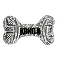 Black and white bone-shaped plush dog toy with printed pattern.
