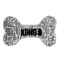 Black and white bone-shaped plush dog toy with printed pattern.