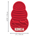 Red KONG-shaped dog feeding mat with textured grooves and ridges. Shown with product dimensions