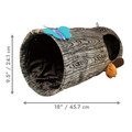 Faux wood cat tunnel with hanging toys and textured surface. Shown with product dimensions