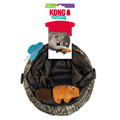 Faux wood cat tunnel with hanging toys and textured surface. Shown in its retail packaging.