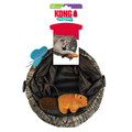 Faux wood cat tunnel with hanging toys and textured surface. Shown in its retail packaging.
