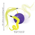 Purple electronic cat ball with two long yellow feathers.  Shown with product dimensions