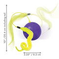Purple electronic cat ball with two long yellow feathers.  Shown with product dimensions
