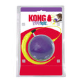 Purple electronic cat ball with two long yellow feathers.  Shown in its retail packaging.
