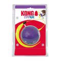 Purple electronic cat ball with two long yellow feathers.  Shown in its retail packaging.