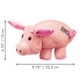 Plush pink pig dog toy with stitched eyes and floppy limbs. Shown with product dimensions
