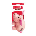 Plush pink pig dog toy with stitched eyes and floppy limbs. Shown in its retail packaging.