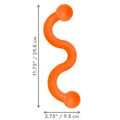 Purple wavy dog toy with smooth texture and flexible shape. Shown with product dimensions