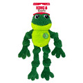 Green frog-shaped plush dog toy with soft limbs. Shown in its retail packaging.