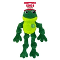 Green frog-shaped plush dog toy with soft limbs. Shown in its retail packaging.