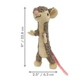 Plush mouse cat toy with long tail and pink nose. Shown with product dimensions