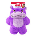 Purple hippo plush dog toy with rounded shape.  Shown in its retail packaging.